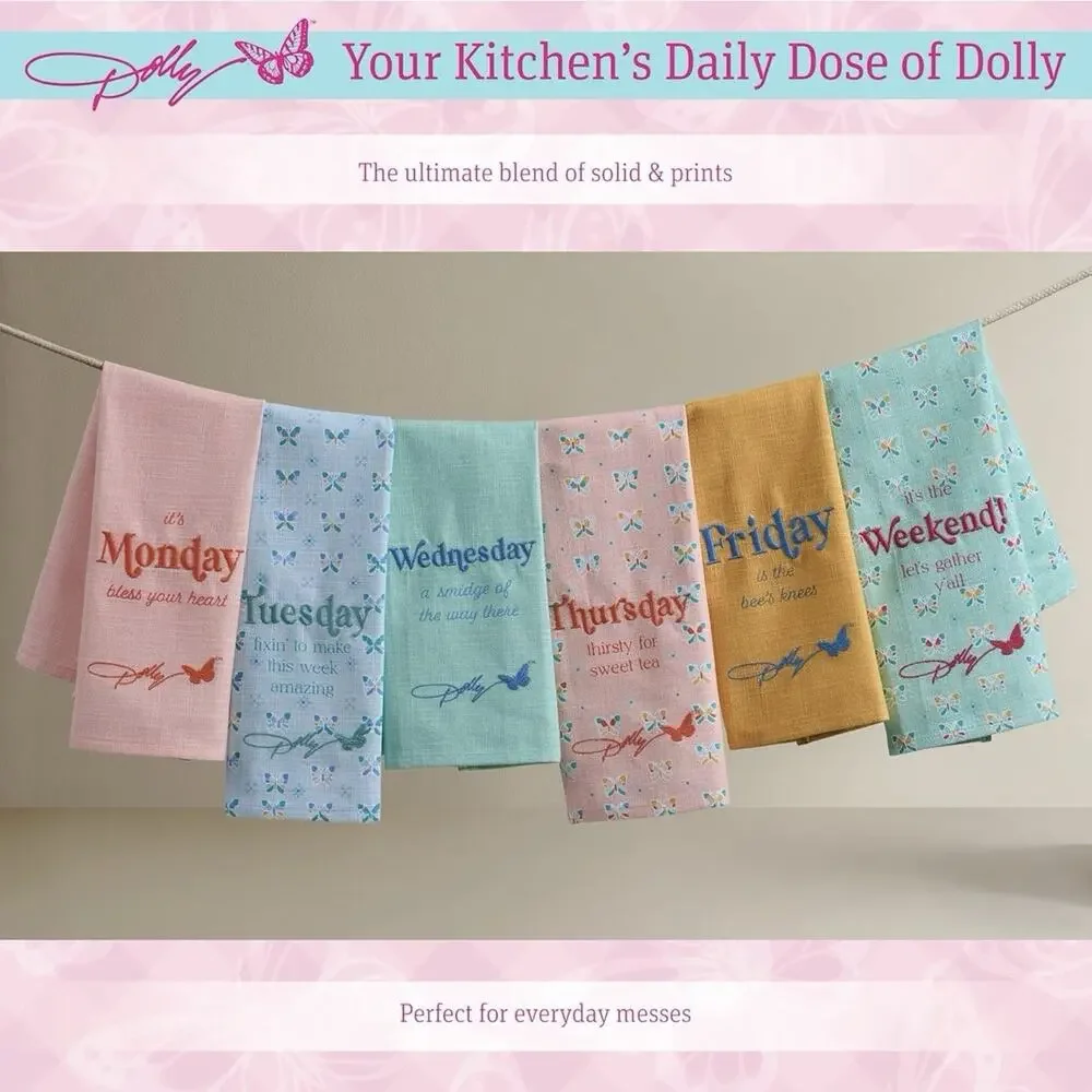Dolly Parton 6 Days of the Week Kitchen Towels Set NWT 100% Cotton Farmhouse